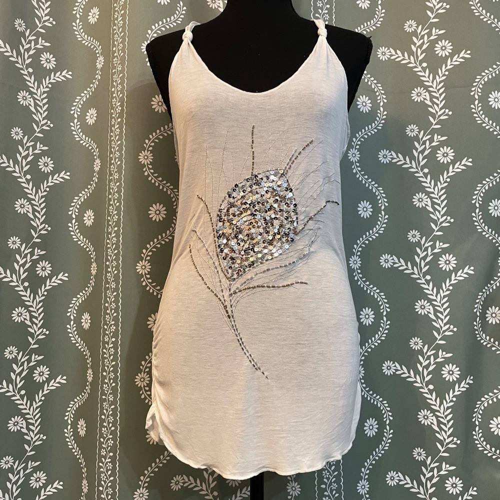 Vintage Bebe Sequin Beaded‎ Peacock Tank Top White NWT Semi Sheer Y2K Festival L